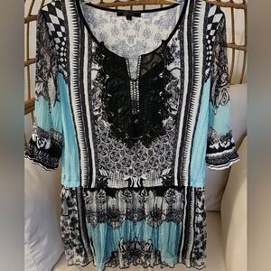 Elegant Black and Blue Women's Tunic Short Sleeve Top By Cativa Size S
